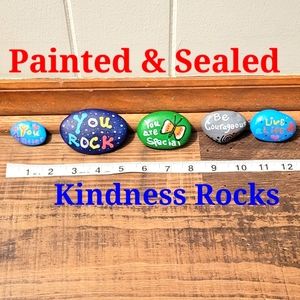 60's & 70's style colorful hand painted & sealed "Kindness' rocks. (Set of 5)
